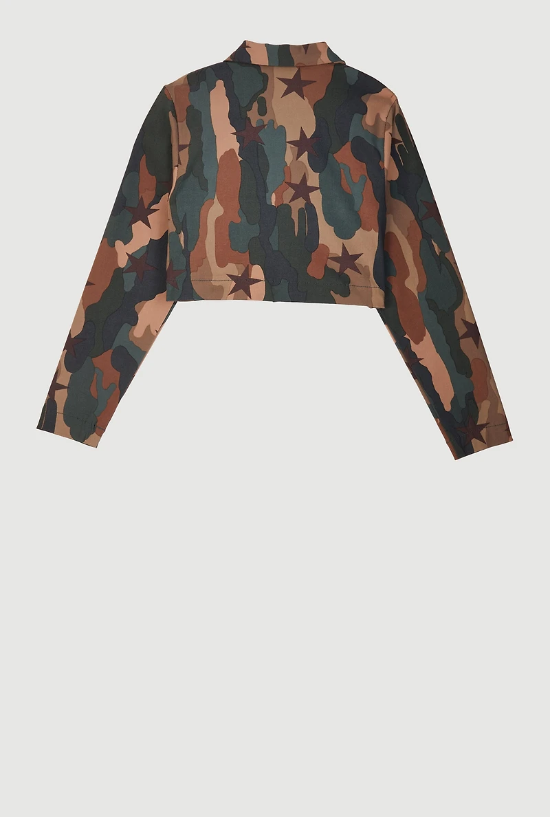 Girls Camo Hyper Stretch Button Front Jacket, Brown, Size 16