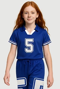 Girls Short Sleeve Varsity Stripe Polo Tee, Blue, Size 7-8