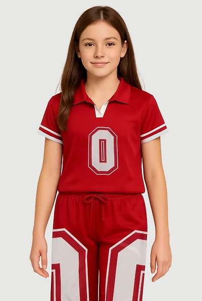Girls Short Sleeve Varsity Stripe Polo Tee, Red, Size 14