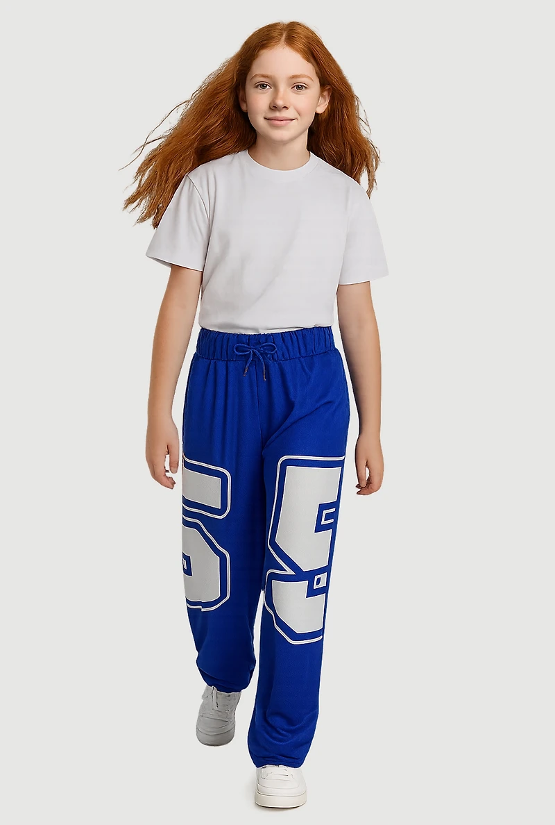 Girls Drawstring Waist Graphic Print Track Pants, Blue, Size 10-12