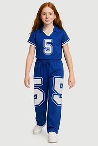 Girls Drawstring Waist Graphic Print Track Pants, Blue, Size 10-12