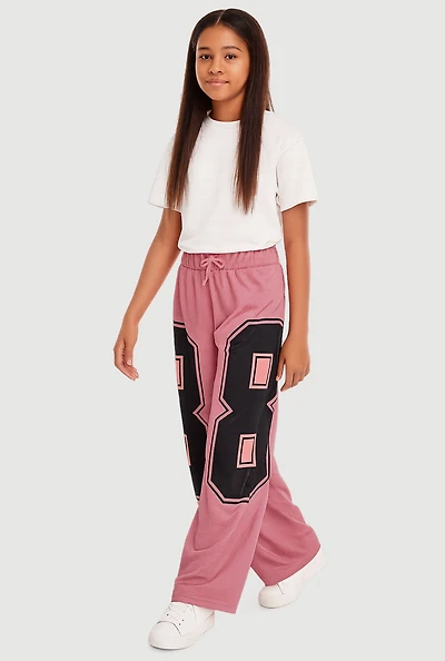 Girls Drawstring Waist Graphic Print Track Pants, Pink, Size 16