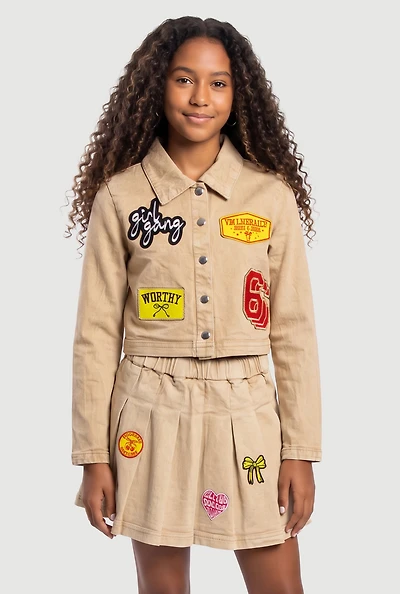 Girls Patch Graphic Acid Wash Jacket