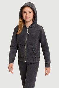 Girls French Terry Acid Wash Hooded Sweatshirt, Grey, Size M