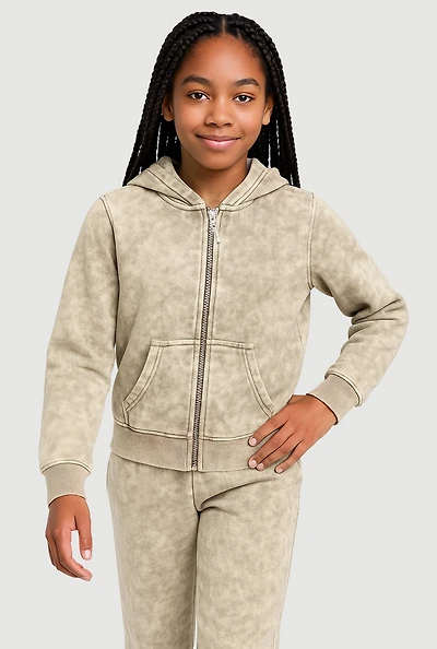 Girls French Terry Acid Wash Hooded Sweatshirt, Beige, Size S
