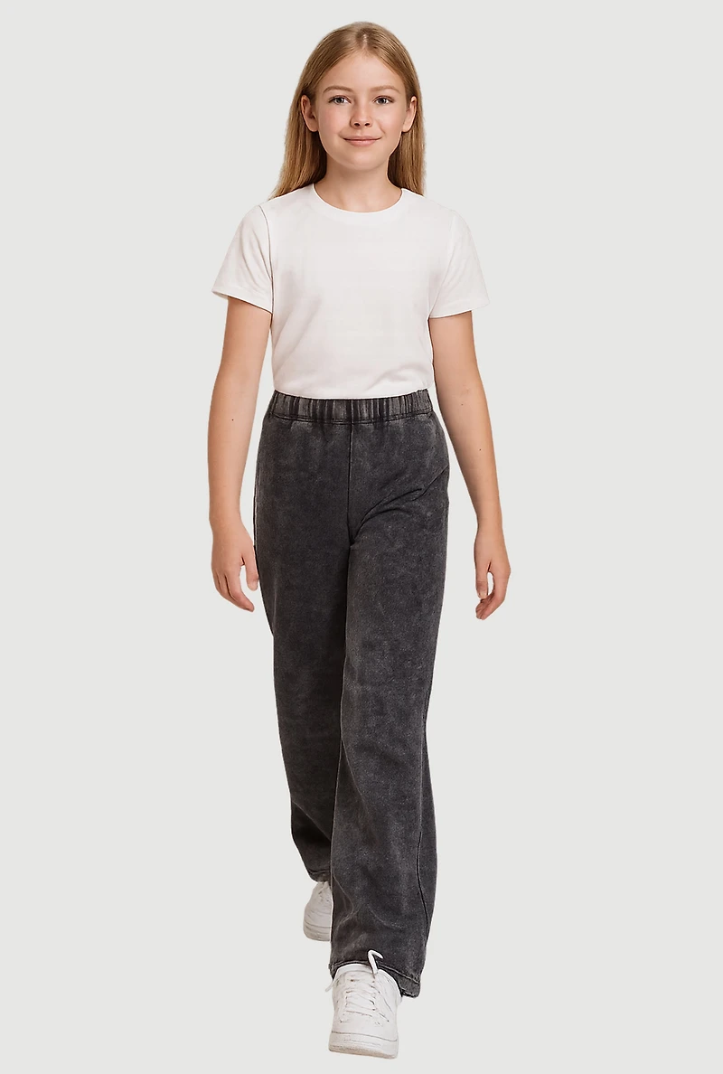 Girls French Terry Acid Wash Wide Leg Sweatpants, Grey, Size L