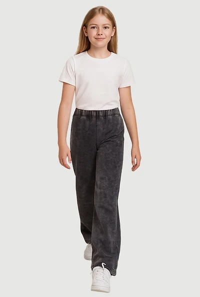 Girls French Terry Acid Wash Wide Leg Sweatpants, Grey, Size L