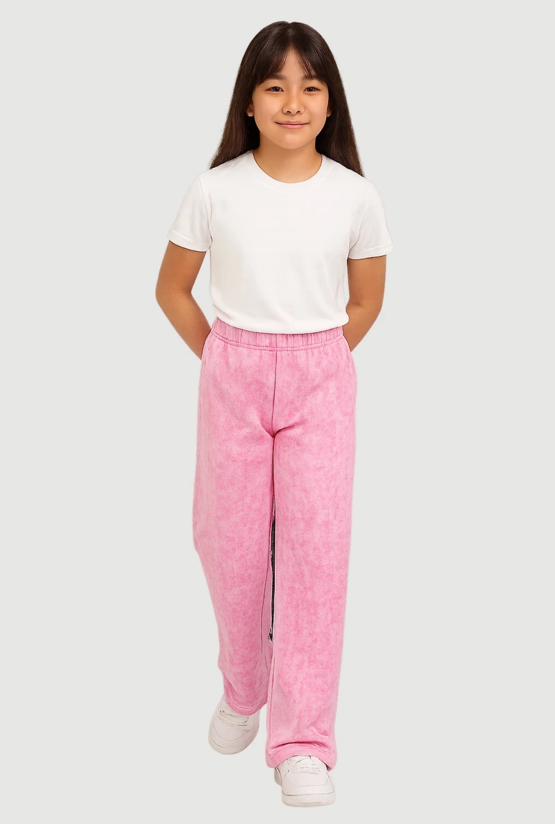 Girls French Terry Acid Wash Wide Leg Sweatpants, Pink, Size M
