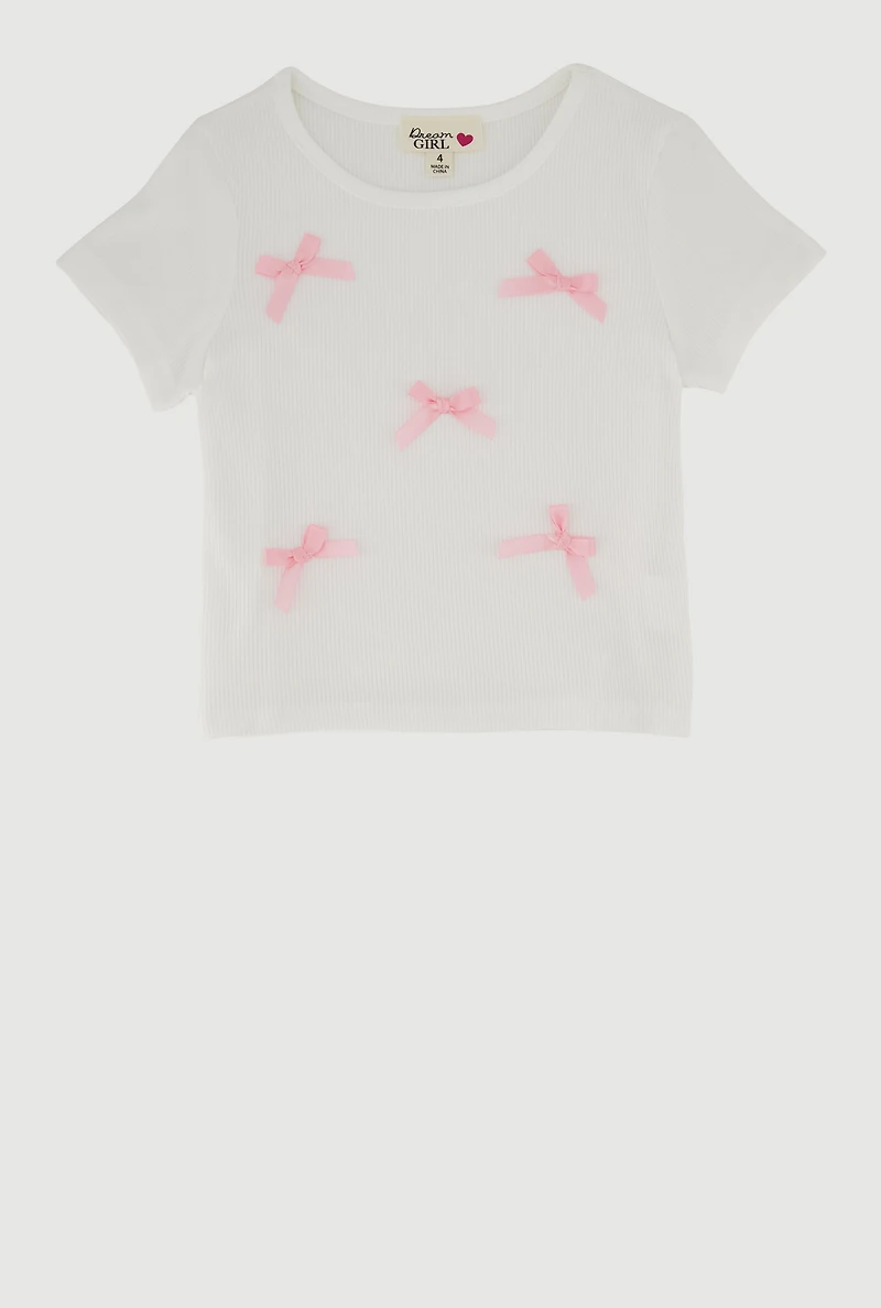 Little Girls Ribbed Knit Bow Short Sleeve Tee, White,
