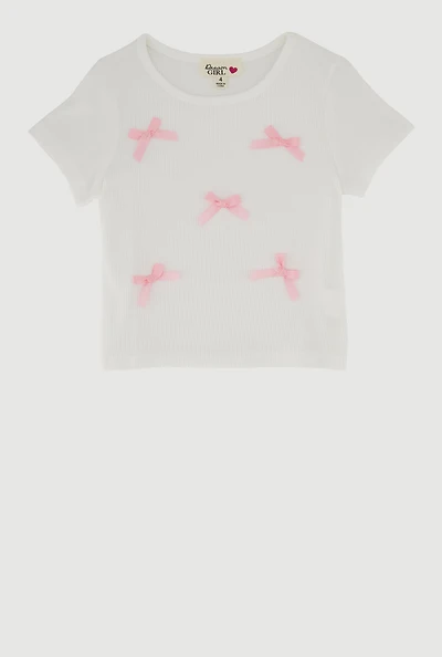Little Girls Ribbed Knit Bow Short Sleeve Tee, White,