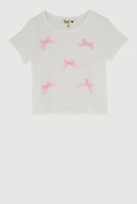 Little Girls Ribbed Knit Bow Short Sleeve Tee, White,