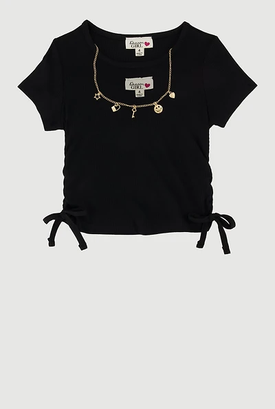 Little Girls Ribbed Knit T-Shirt with Charm Necklace,