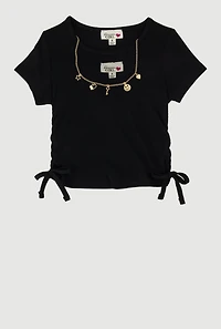 Little Girls Ribbed Knit T-Shirt with Charm Necklace,