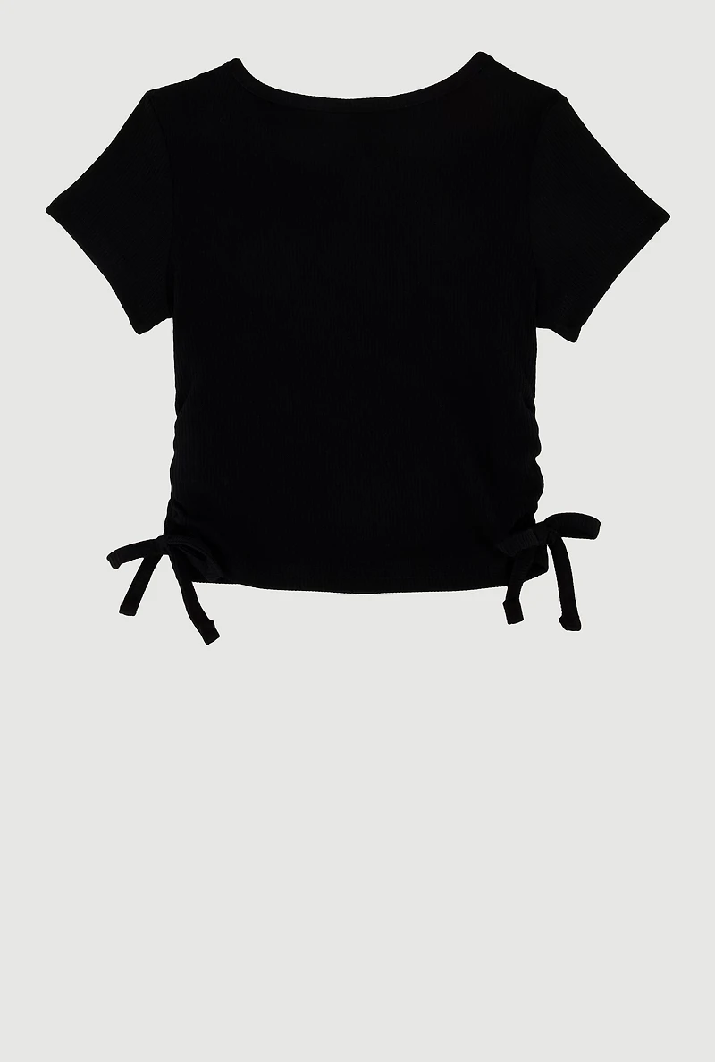 Little Girls Ribbed Knit T-Shirt with Charm Necklace