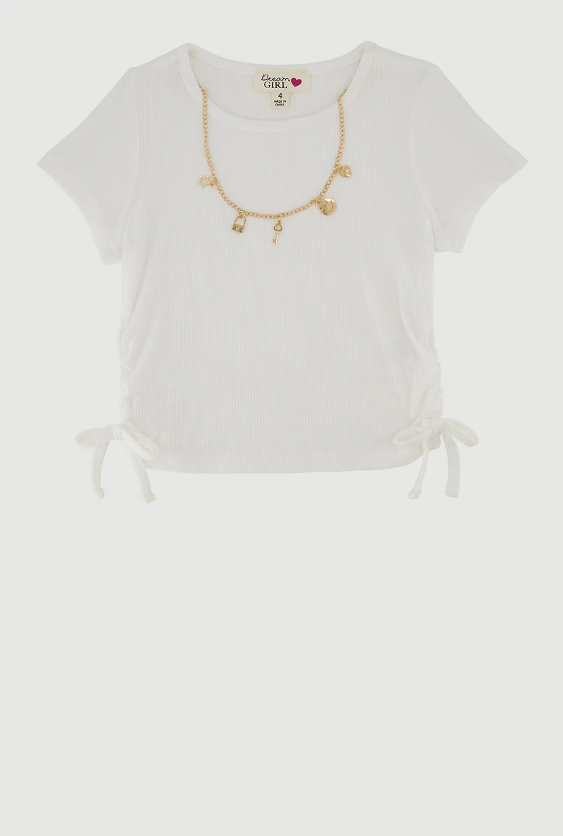 Little Girls Ribbed Knit T-Shirt with Charm Necklace, White, Size 4