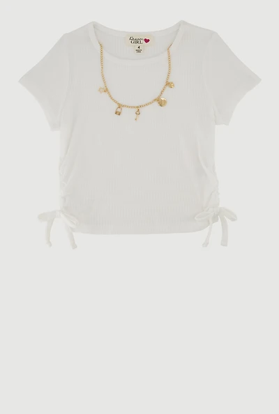 Little Girls Ribbed Knit T-Shirt with Charm Necklace, White, Size 4