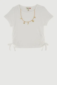 Little Girls Ribbed Knit T-Shirt with Charm Necklace, White, Size 4