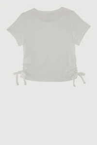 Little Girls Ribbed Knit T-Shirt with Charm Necklace, White, Size 4