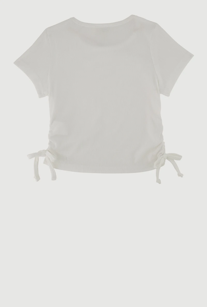 Little Girls Ribbed Knit T-Shirt with Charm Necklace, White, Size 5-6