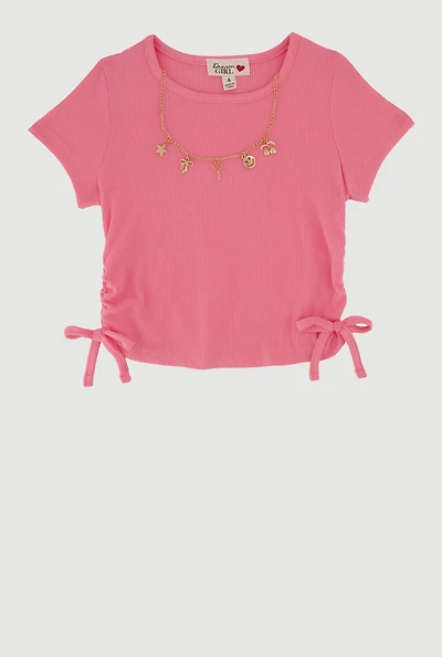 Little Girls Ribbed Knit T-Shirt with Charm Necklace, Pink,
