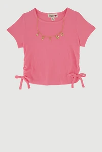 Little Girls Ribbed Knit T-Shirt with Charm Necklace, Pink,