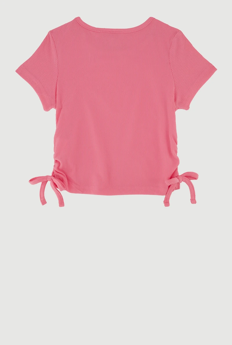 Little Girls Ribbed Knit T-Shirt with Charm Necklace, Pink,