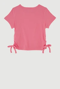 Little Girls Ribbed Knit T-Shirt with Charm Necklace, Pink,