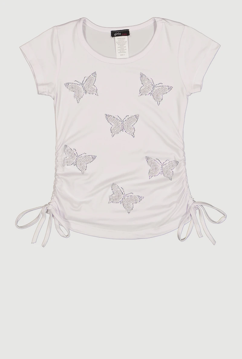 Little Girls Butterfly Faux Pearl Rhinestone Ruched Tee
