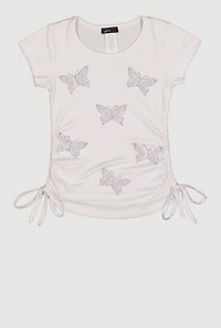 Little Girls Butterfly Faux Pearl Rhinestone Ruched Tee