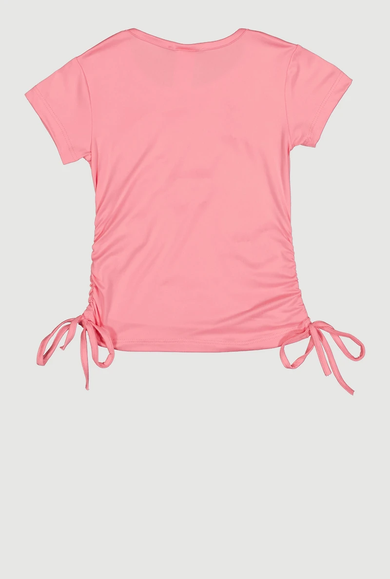 Little Girls Faux Pearl Rhinestone Bow Ruched Tee