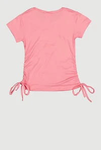 Little Girls Faux Pearl Rhinestone Bow Ruched Tee