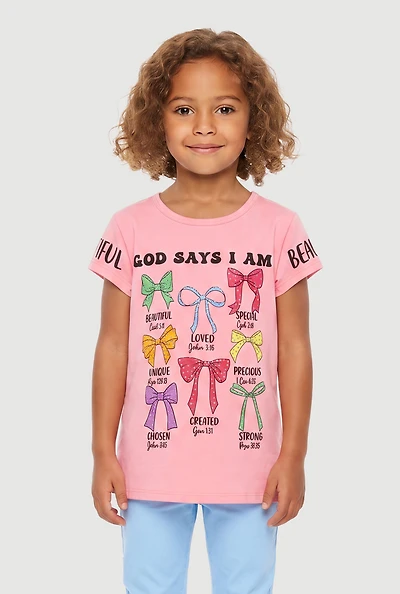 Little Girls Rhinestone God Says I Am Bow Graphic Tee