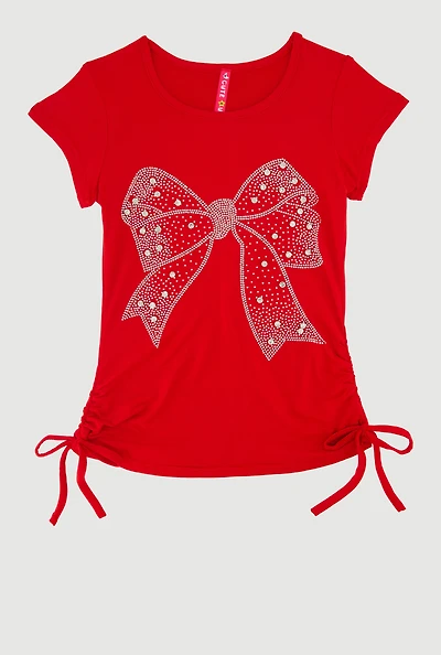 Little Girls Bow Rhinestone Studded Ruched T-Shirt, Red, Size 4