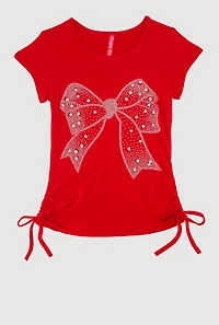 Little Girls Bow Rhinestone Studded Ruched T-Shirt, Red, Size 4