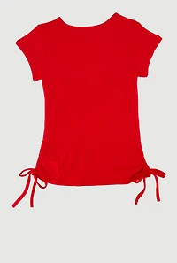 Little Girls Bow Rhinestone Studded Ruched T-Shirt, Red, Size 4