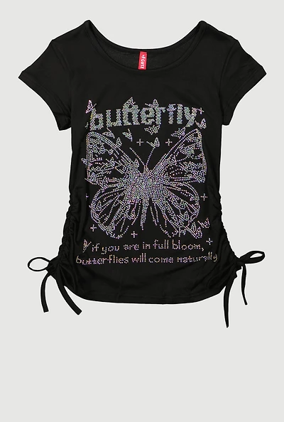 Little Girls Rhinestone Butterfly Graphic Tee, Black,