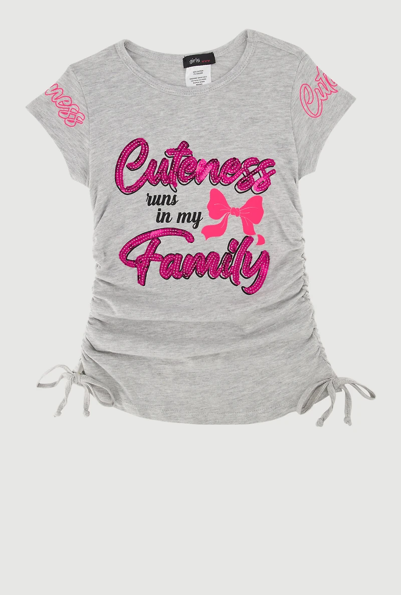 Little Girls Cuteness Runs In My Family Sequin T-Shirt, Grey, Size 4