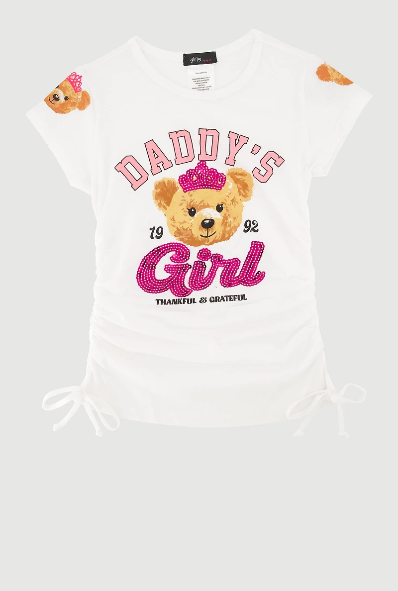 Little Girls Daddys Girl Sequin Bear Graphic Top, White,