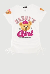 Little Girls Daddys Girl Sequin Bear Graphic Top, White,