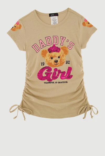 Little Girls Daddys Girl Sequin Bear Graphic Top,