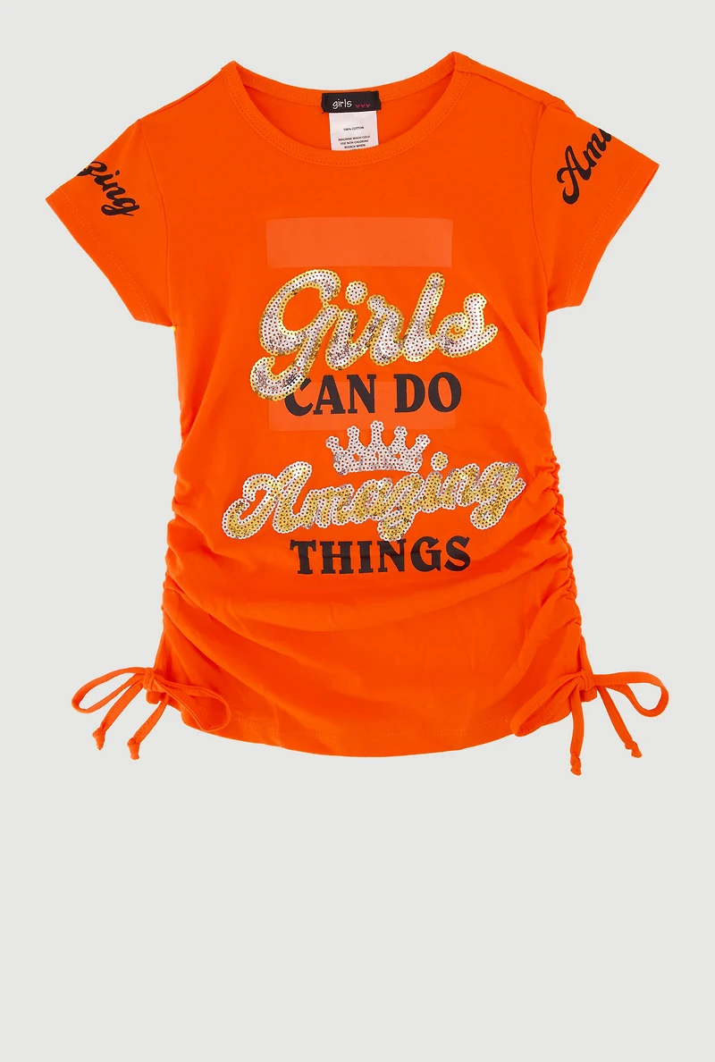 Little Girls Sequin Girls Can Do Amazing Things Graphic Tee, Orange, Size 4
