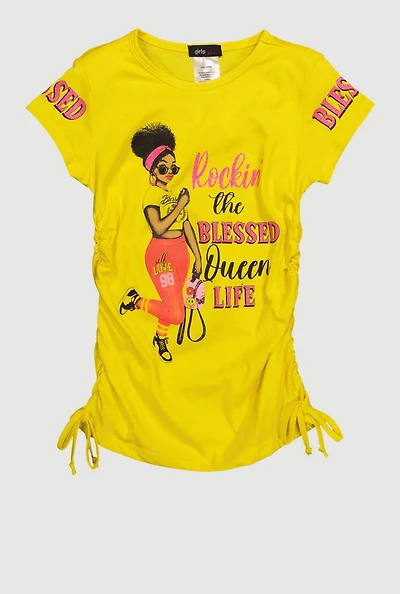 Little Girls Blessed Queen Ruched Side Graphic Tee, Yellow, Size 6X