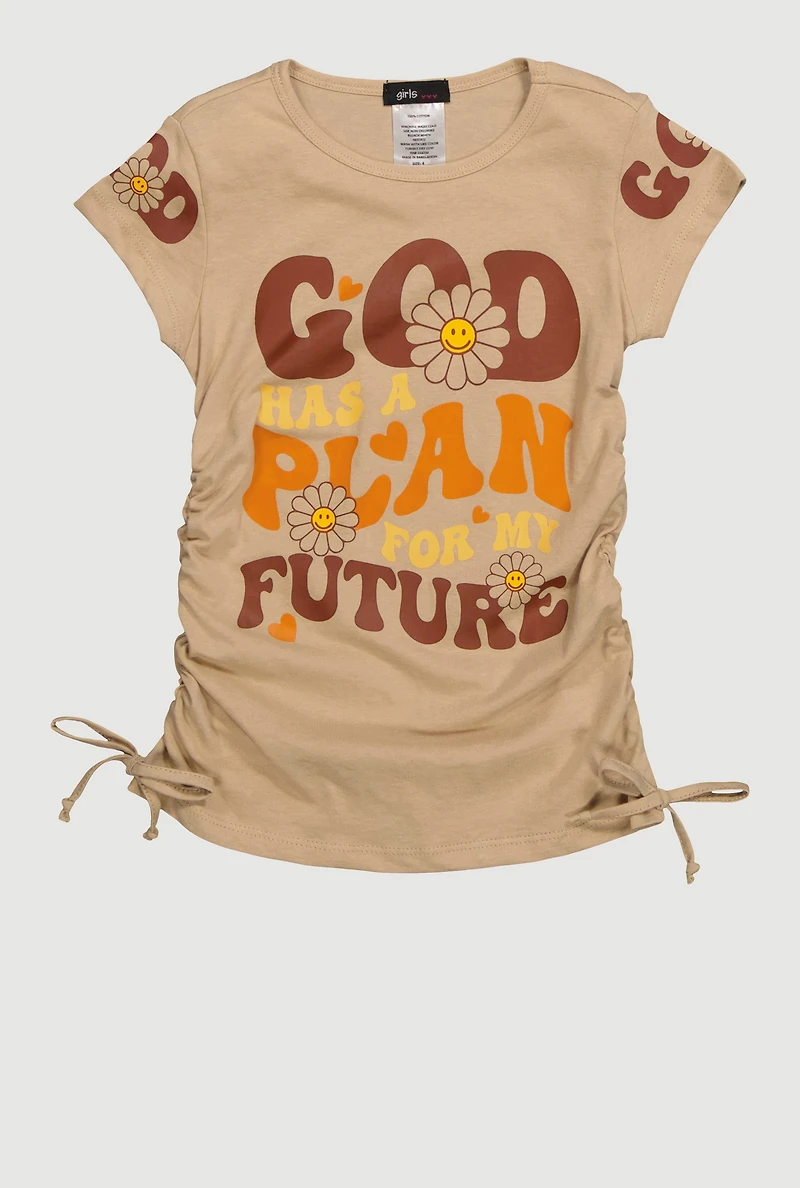 Little Girls God Has A Plan Crew Neck Graphic Print T-Shirt, Beige, Size 4