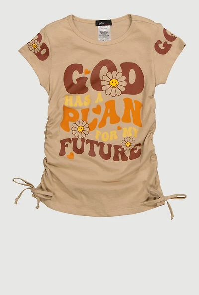 Little Girls God Has A Plan Crew Neck Graphic Print T-Shirt, Beige, Size 4