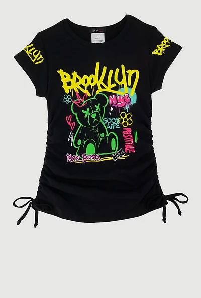 Little Girls Brooklyn NYC Bear Graphic Print T-Shirt, Black, Size 4