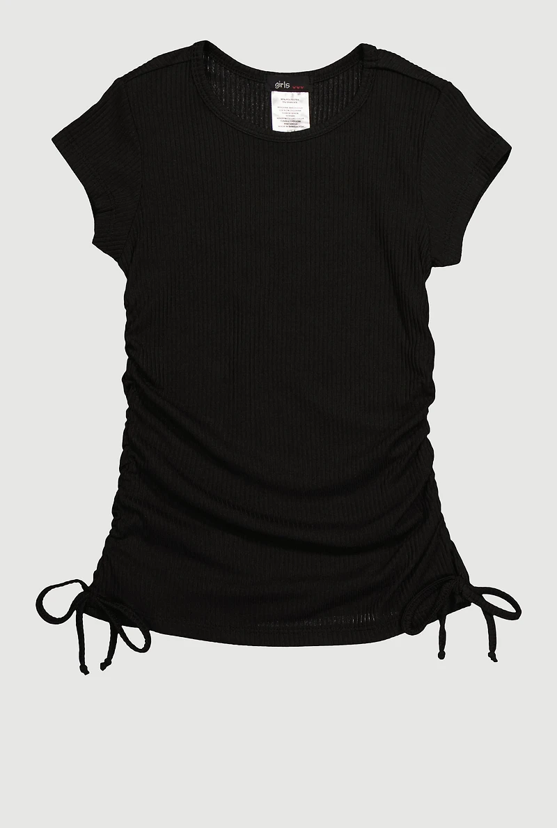 Little Girls Chic Ribbed Knit Short Sleeve Crew Neck Top with Faux Drawstring,