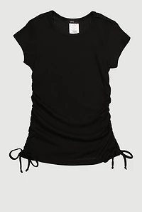 Little Girls Chic Ribbed Knit Short Sleeve Crew Neck Top with Faux Drawstring,
