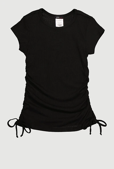 Little Girls Chic Ribbed Knit Short Sleeve Crew Neck Top with Faux Drawstring, Black, Size 6X