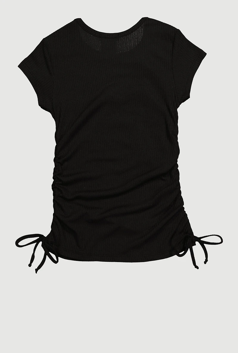 Little Girls Chic Ribbed Knit Short Sleeve Crew Neck Top with Faux Drawstring,