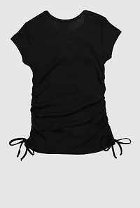Little Girls Chic Ribbed Knit Short Sleeve Crew Neck Top with Faux Drawstring,